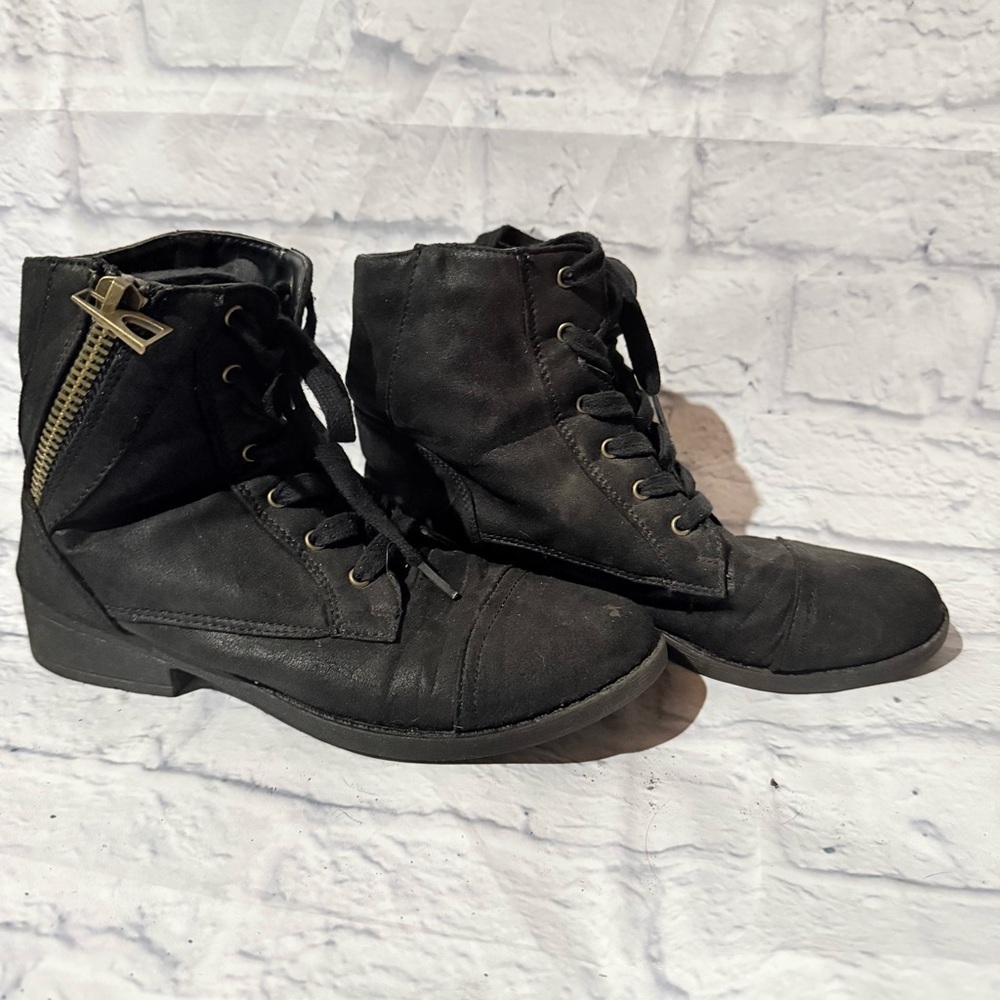 Black Lace-Up Ankle Boots with Side Zipper